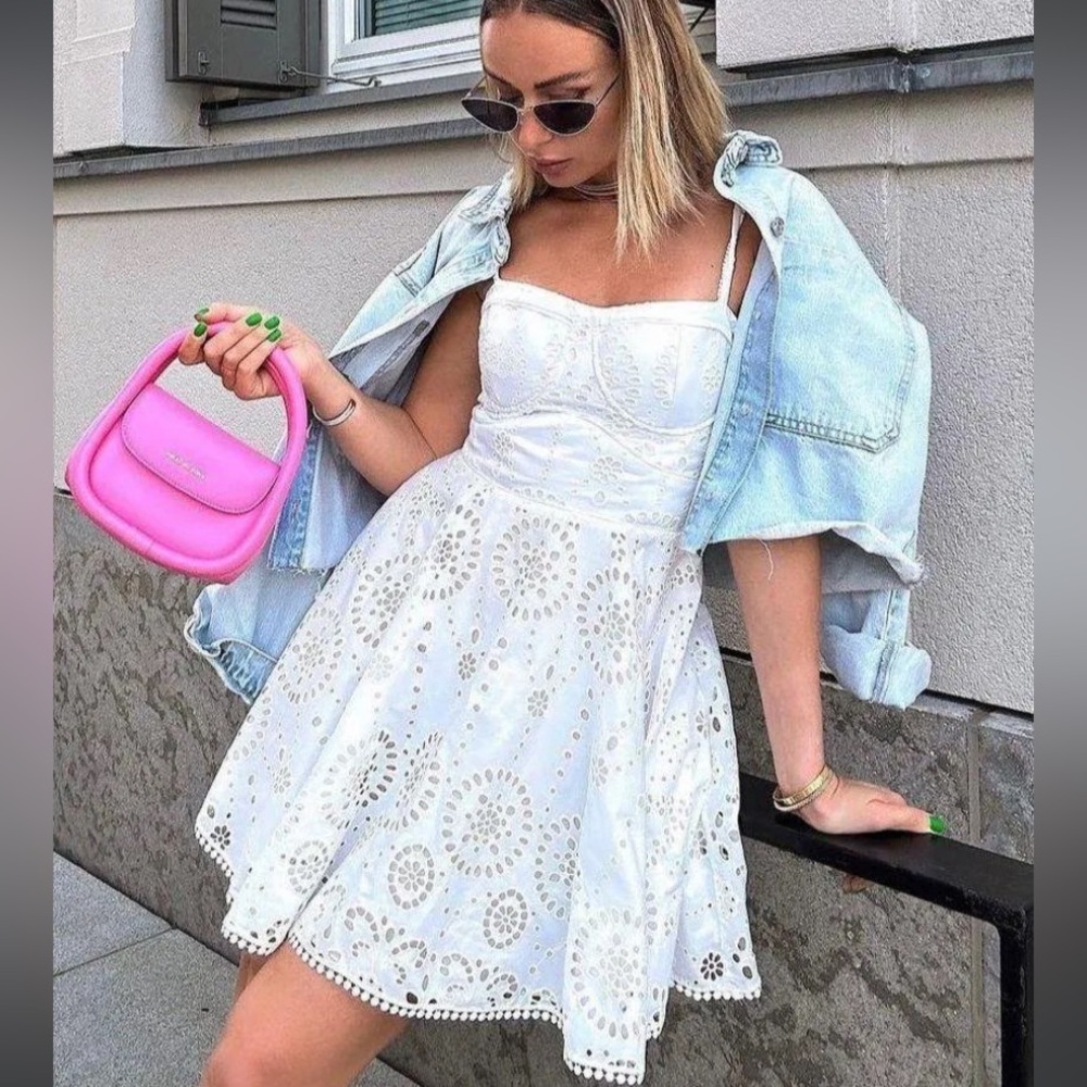 ZARA EMBROIDERED EYELET MINI DRESS White Medium